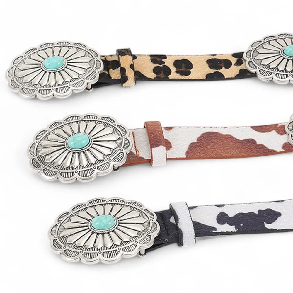 Vegan Leather Animal Print Western Concho Statement Belts with Turquoise Accents